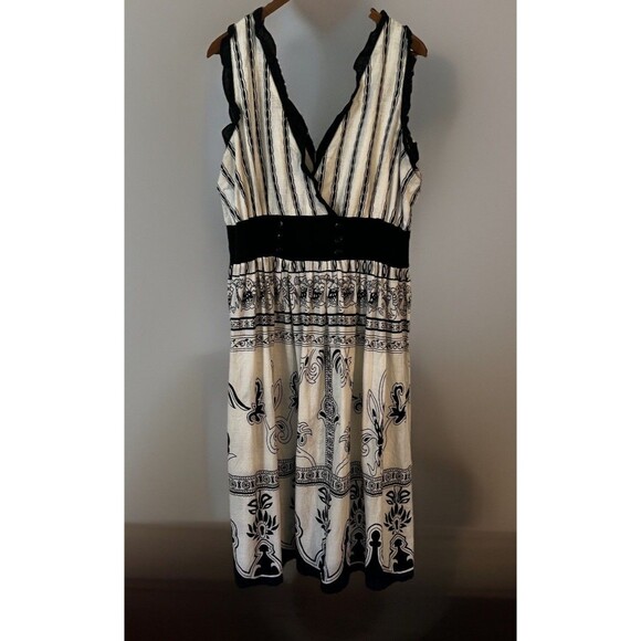 Cassee's Party Dress Plus 2X Elegant Black White Printed Sleeveless 100% Cotton - Picture 1 of 10